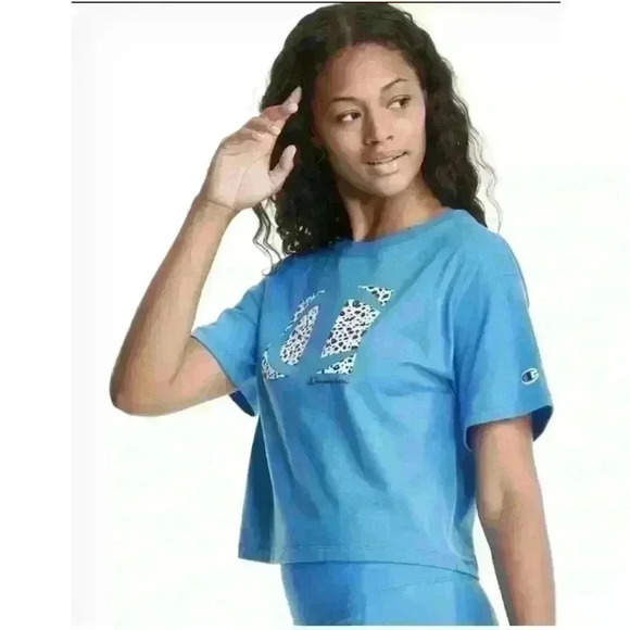 Champion Womens Cropped Graphic-Print T-Shirt Balboa Blue Size M-L - Picture 2 of 12